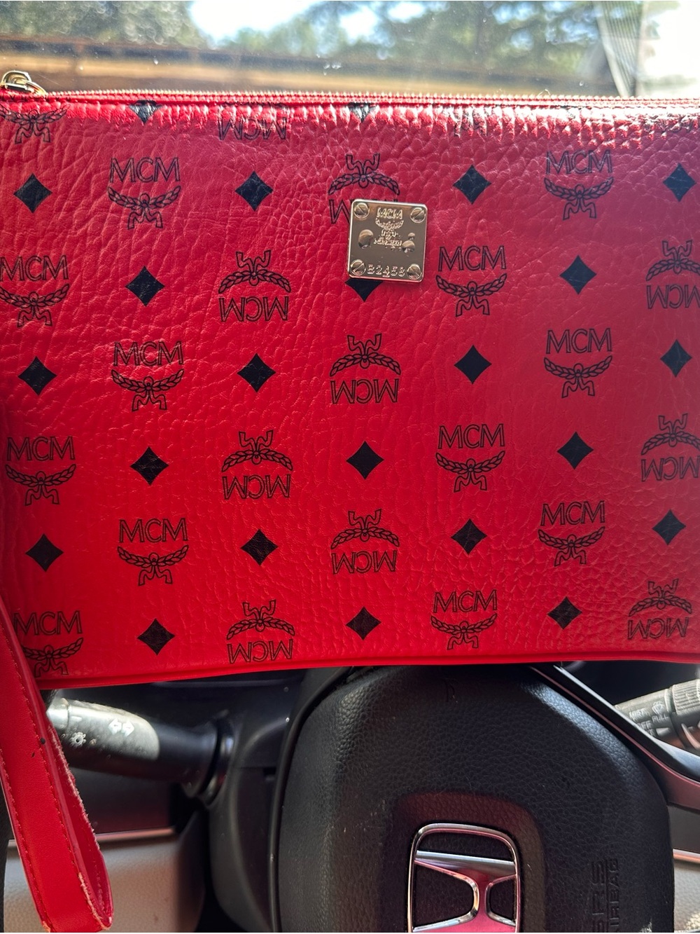 MCM Red Logo-Print Leather Wristlet Clutch